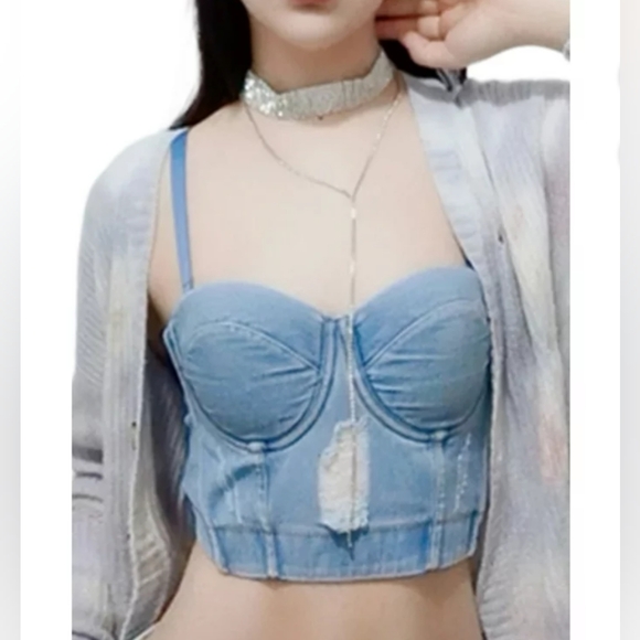 Hanwilder Tops - Denim Crop Corset Top Blue Jean Corset